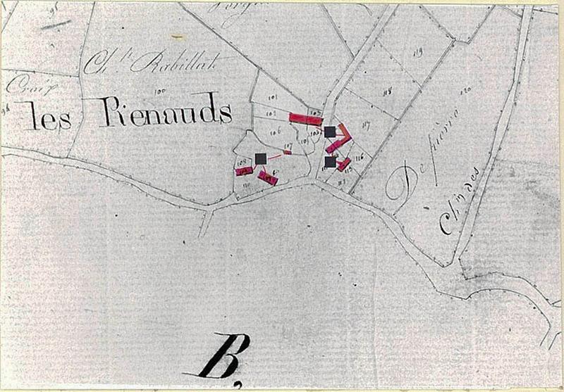 Les Renauds : plan cadastral, 1826, carte des fermes reperées, éch. 1/5000e.