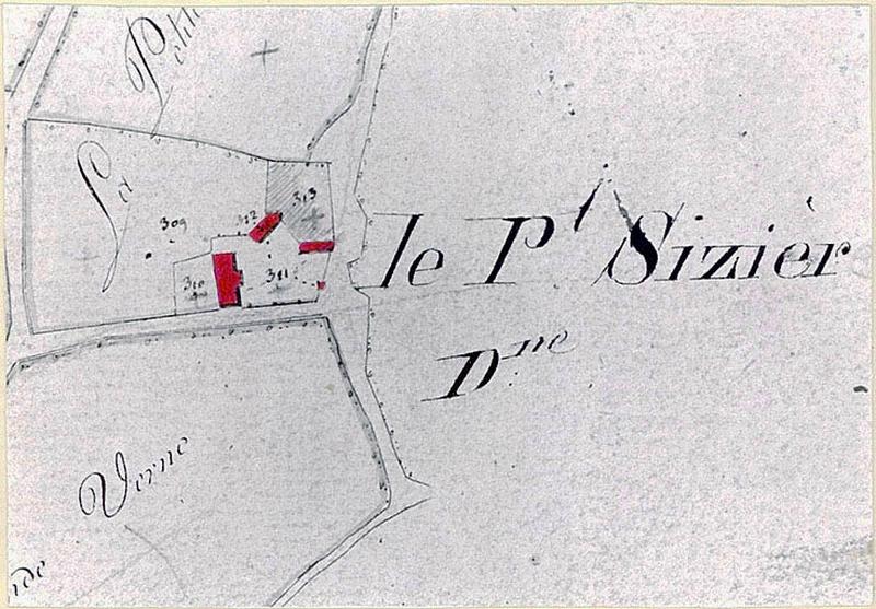 Le Petit Sizière, ferme à cour ouverte : plan cadastral, 1826, section B2 de Villemont, éch. 1/5000e.