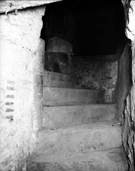 Caves, deuxième sous-sol. Escalier en ruine qui se trouve au sud de la pièce n°1. Cet ancien escalier à vis menait principalmentr du deuxième sous-sol au premier sous-sol. Départ de l'escalier vu du nord.