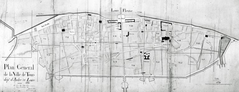 Plan du port de la ville d'Amboise avec indication des superficies, non daté (vers 1816). Rive gauche, aval du pont. Les parties n° 6, 7, 8, 9 et 10 du port forment ensemble une superficie de 2724 mètres carrés. (archives municipales d'Amboise, O 219).