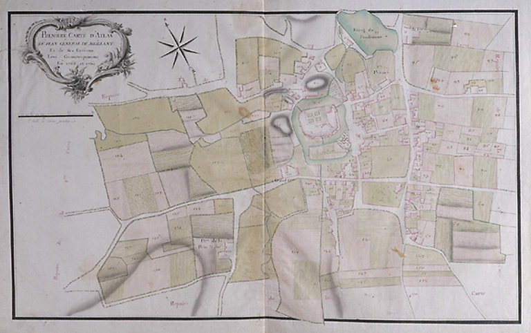 Plan terrier du 18 ème siècle. Première carte de Meillant. Bourg de Meillant.