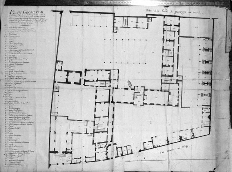 Plan géométral au rez-de-chaussée de l'arsenal dans l'emplacement du Couvent de l'Union chrétienne.