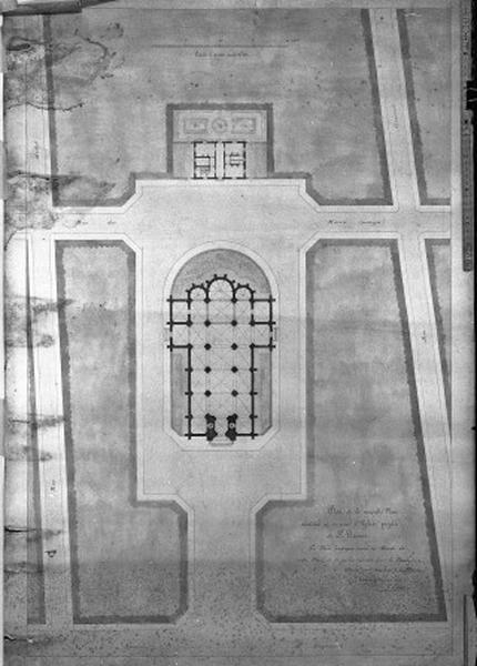 Second projet. Plan de la nouvelle place destinée à recevoir la nouvelle église projetée de Saint Etienne. Ce plan indique aussi les abords de la place et la situation du presbytère ; G. Guérin, 9 février 1864.