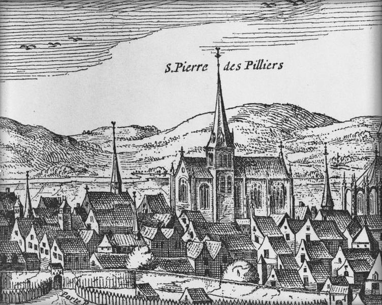 Vue de C. Visscher : vue panoramique de Tours vers 1625, détail : la collégiale Saint-Pierre-le-Puellier vue du nord.