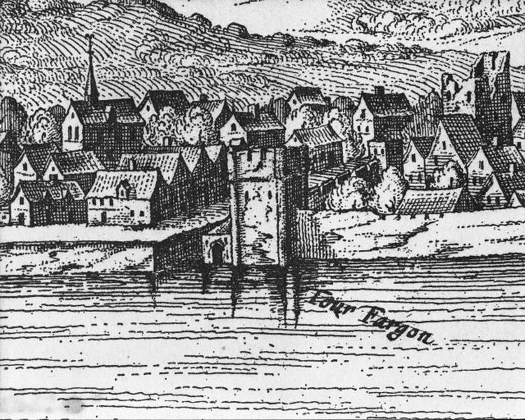 Vue de C. Visscher : vue panoramique de Tours vers 1625, détail : tour feu Hugon.