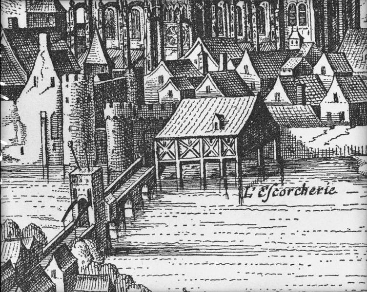 Vue de C. Visscher : vue panoramique de Tours vers 1625, détail : écorcherie des Arcis.