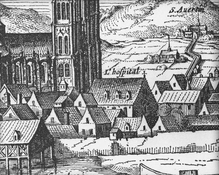 Vue de C. Visscher : vue panoramique de Tours vers 1625, détail : Hôtel-Dieu.