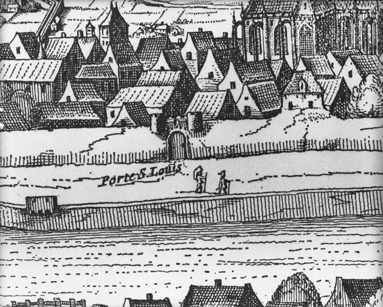 Vue de C. Visscher : vue panoramique de Tours vers 1625, détail : porte Saint-Louis.