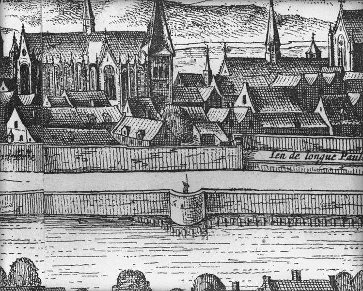 C. Visscher : vue panoramique de Tours vers 1625, détail : le quai et le jeu de longue paulme (front nord de l'enceinte).