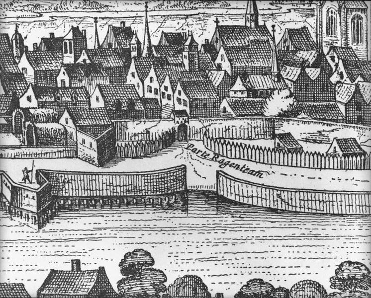 Vue de C. Visscher : vue panoramique de Tours vers 1625, détail : porte Ragueneau.