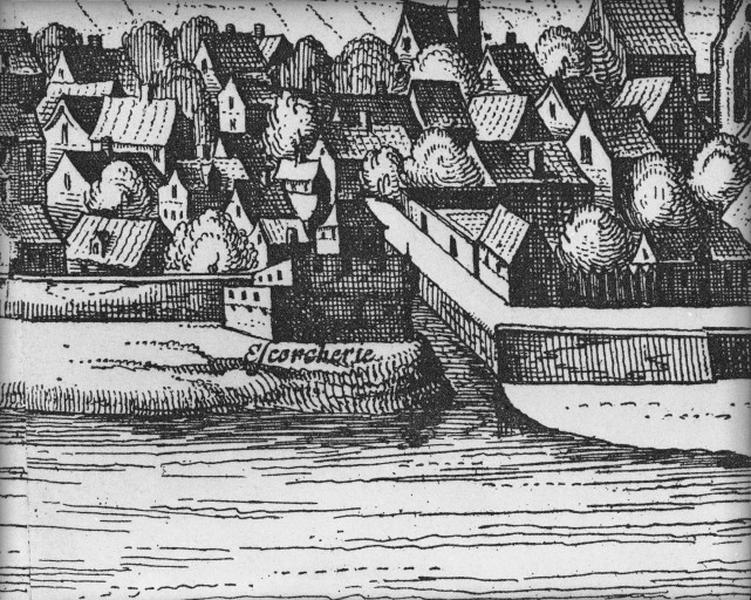 Vue de C. Visscher : vue panoramique de Tours vers 1625, détail : écorcherie.