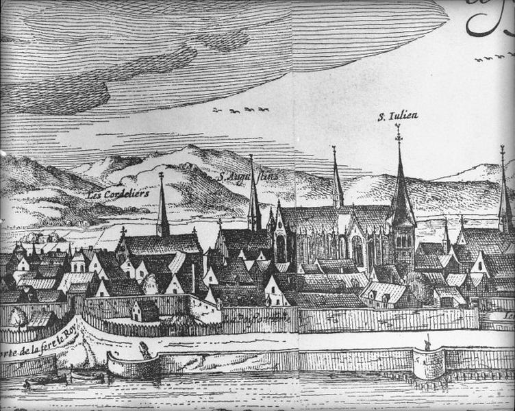 Vue de C. Visscher : vue panoramique de Tours vers 1625, détail : les Cordeliers, les Augustins, Saint-Julien.