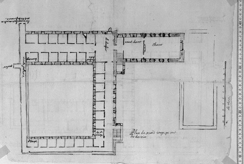 Année 1617, religieuses carmélites de Tours, Liassse B n°1bis : plan de l'église et des bâtiments du monastère, plan du second étage : dortoirs. n.s., n.d., la date 1617 a sans doute été inscrite au verso postérieurement. Ce plan ne correspond pas au couvent ayant existé, erreur d'identification ou projet non réalisé?