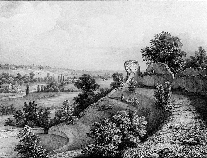 Vue de l'amphithéâtre prise de l'angle nord, lithographie sur papier par Charles Pensée. Dim 20, 5 * 25. Publiée in : Jollois J.-B. Mémoires sur les antiquités du département du Loiret. Orléans, 1836, pl 3.