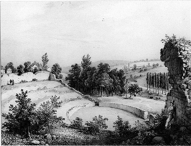 Vue de l'amphithéatre prise de l'angle sud, lithographie sur papier par Charles Pensée. Dim 21 * 24, 8. Publiée in : Jollois J.-B. Mémoires sur les antiquités du département du Loiret. Orléans, 1836, pl 4.