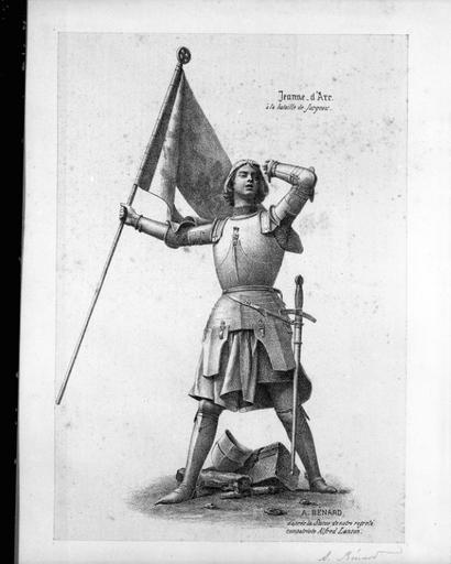 Estampe représentant Jeanne d'Arc au siège de Jargeau d'après la statue de Alfred Lanson.