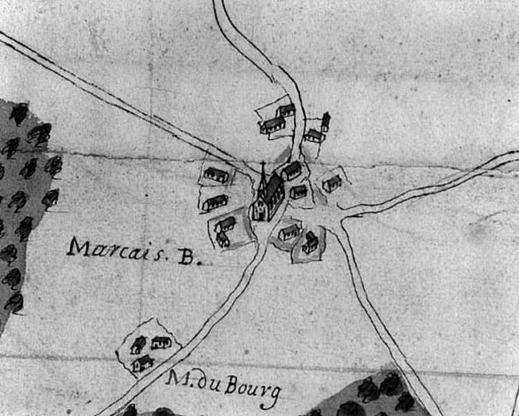 Bourg, vue perspective extraite du 'Plan de la Terre et Seigneurie du Chastelet', par Barbier, 1675.