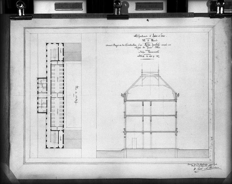 Projet de construction d'une maison familiale annexée au lycée de jeunes-filles par H. Prath et S. Loison : plan du 2e étage et coupe.