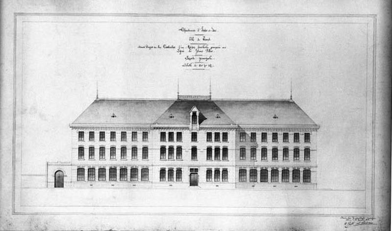 Projet de constrcution d'une maison familiale annexée au lycée de jeunes-filles par H. Prath et S. Loison : façade principale.