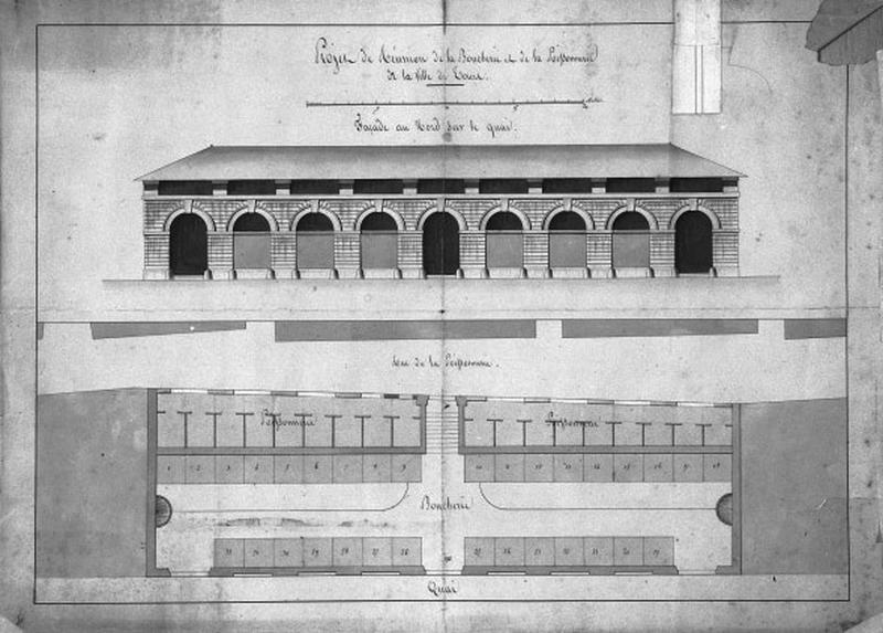 Projet de réunion de la Boucherie et de la Poissonnerie : façade et plan.