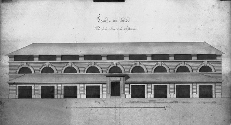 Projet de réunion de la Boucherie et de la Poissonnerie : façade et plan.