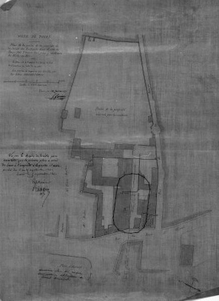 Plan avec le tracé de la halle projetée. Guérin, 1861.