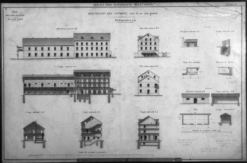 Manutention des Jacobins : plans, coupes, élévations de divers bâtiments, 1886.