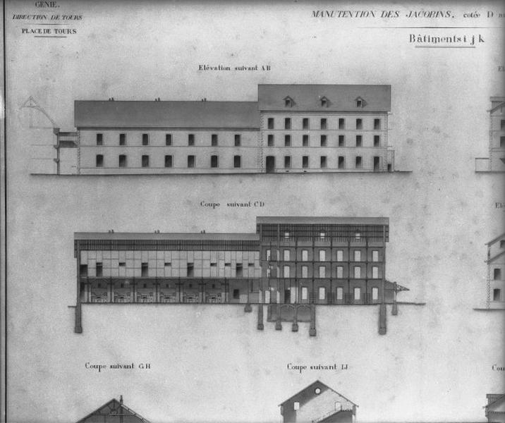 Manutention des Jacobins : plan, coupe, élévation de divers bâtiments : détail, 1886.