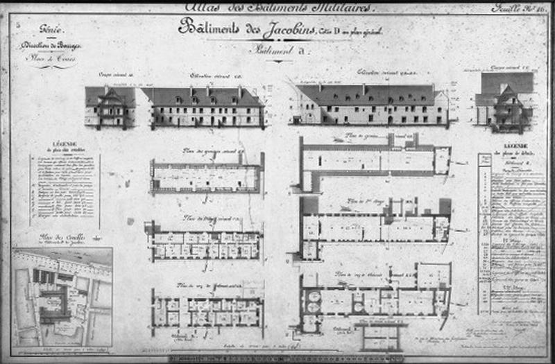 Bâtiments des Jacobins : plans, coupes, élévations du bâtiment A, dessiné par le capitaine du Génie Rousselet, le 30 mai 1868.