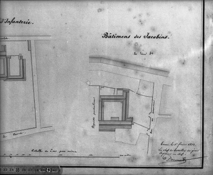 Atlas des bâtiments militaires : détail du plan-masse des bâtiments des Jacobins par Derouet, 1er janvier 1832.