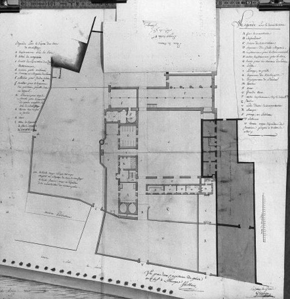 Projet d'aménagement an VIII (1799) : plan du bâtiment des Jacobins disposé pour le dépôt du bois de chauffage et de manutention des vivres, rez-de-chaussée (document photographié sans la retombe).