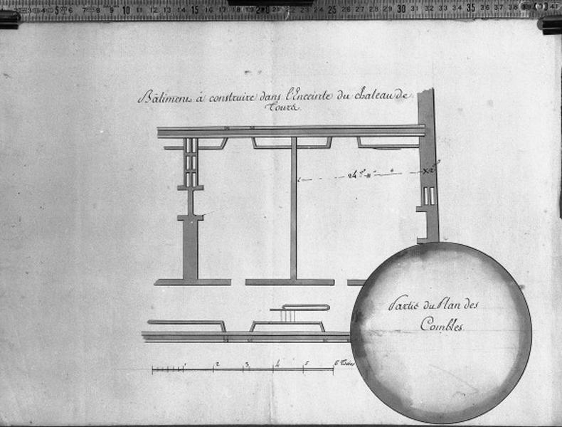 Bâtiment à construire dans l'enceinte du château : extrait du plan des combles. Epoque révolutionnaire.