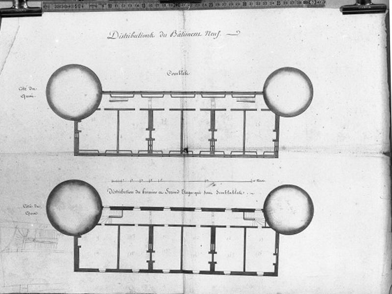 Distribution du bâtiment neuf : plan du premier et du deuxième étages, plan des combles. Epoque révolutionnaire.