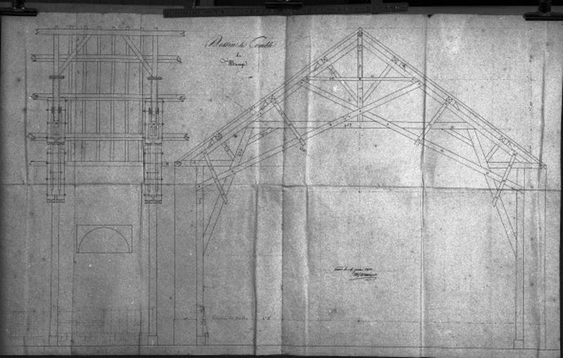 Dessin du comble du manège par l'ingénieur Cormier, 1813.