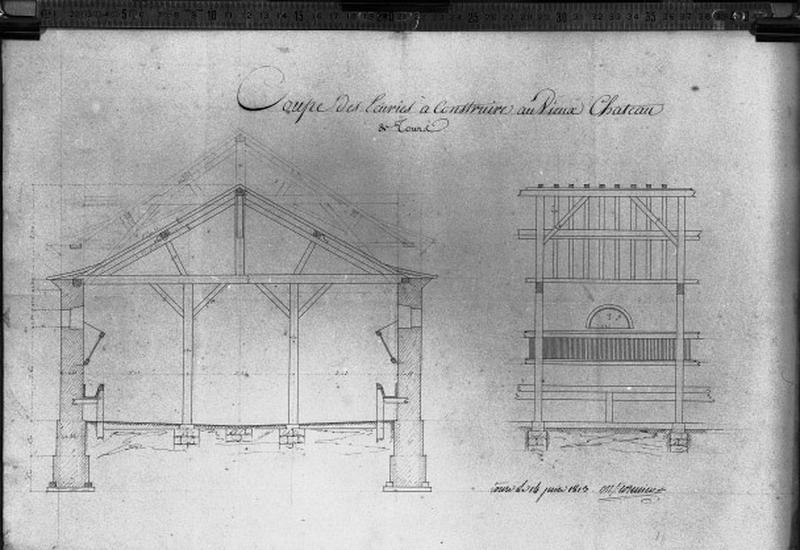 Coupe des écuries à construire au vieux château de Tours, par l'ingénieur Cormier, 1813.