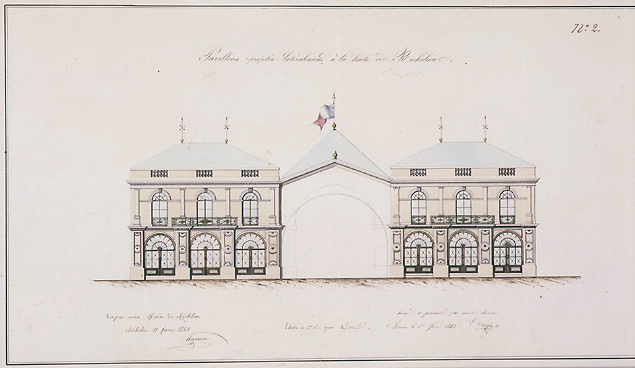 Les Halles, façade occidentale : élévation par Dezigny, 1843.