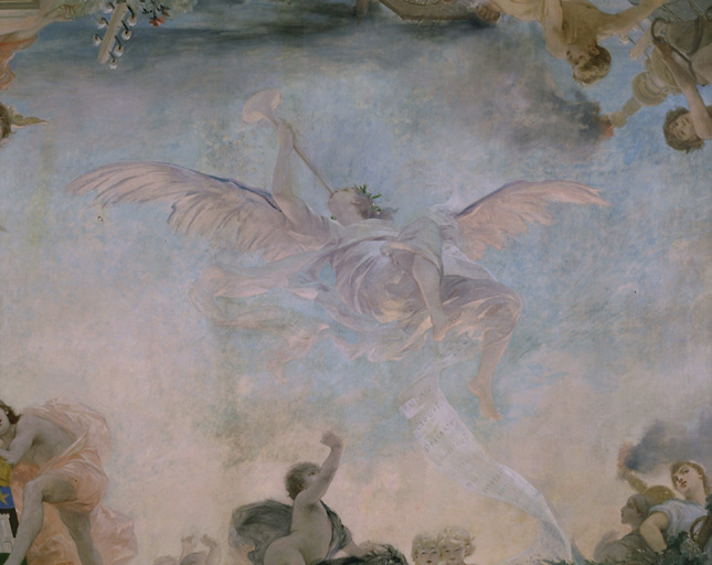 Vue de détail du plafond du foyer : Renommée tenant une banderole portant les noms de : Rabelais, Clouet, Descartes, Boucicault, Razilly, Meusnier, Heurteloup, Bretonneau, Velpeau, Balzac, A. de Vigny, P.L. Courier.