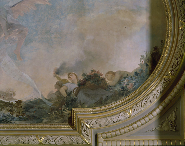 Vue de détail du plafond du foyer : évocation de l'agriculture.