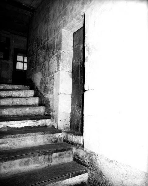 Corps de logis principal, escalier : mur noyau de la première volée en pierre.