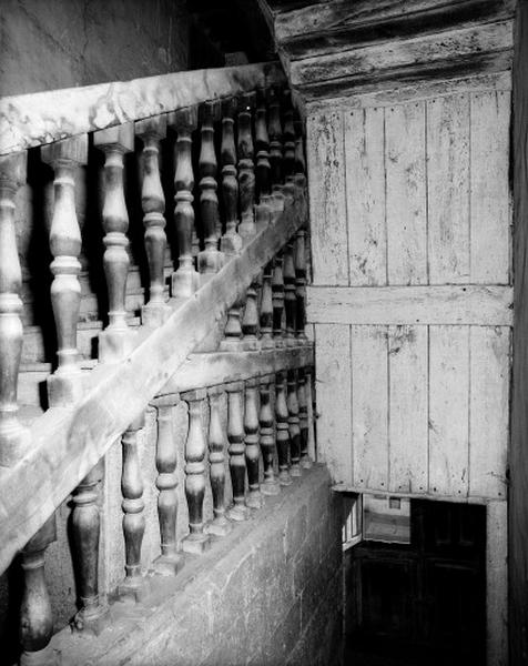 Corps de logis principal, escalier monumental : deux premières volées en pierre puis en bois, balustres.