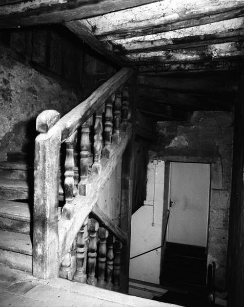 Escalier monumental à rampe droite et moitié tournante, en pierre jusqu'au premier étage, en bois au dessus.