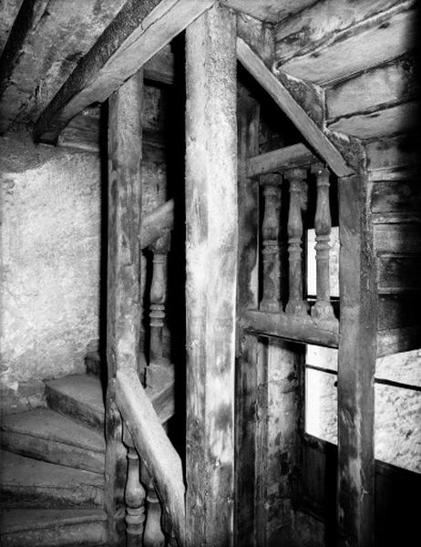 Corps de logis principal : escalier tournant en bois à balustres à 4 noyaux avec jour.