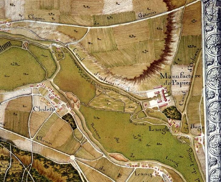 Plan aquarellé de la forêt de Montargis, XVIIIe. Détail : Chalette-sur-Loing, Vésines, jonction des canaux de Briare, d'Orléans et de Loing et usine Hutchinson.