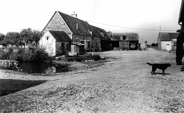 Vue de volume du logis et du hangar sur poteaux, du sud-est.