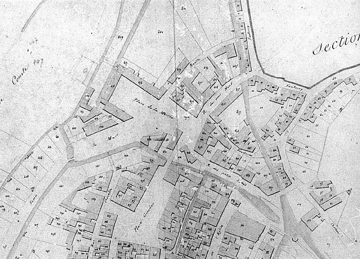 Extrait du plan cadastral ancien, section A de la ville, 1831, éch.1/1250e.