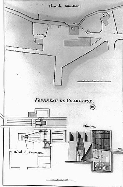 Plan de situation, détail du fourneau et élévation.