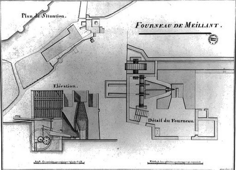 Plan : vue d'ensemble (plan de situation, plan et coupe du haut-fourneau)..