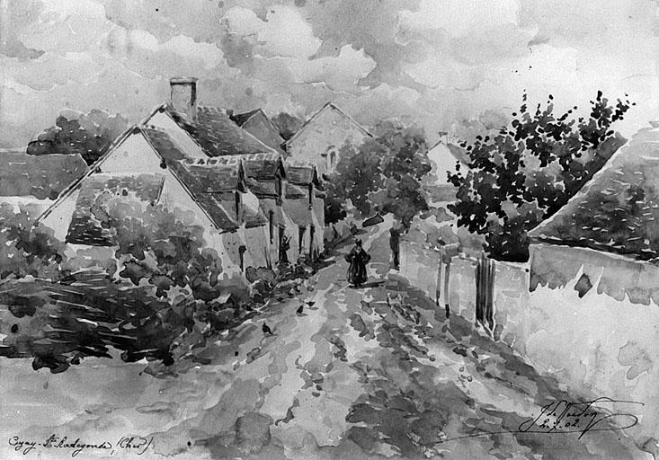 Vue d'ensemble d'après une aquarelle de J. de Verdon, 1902, dimensions : 23, 5 x 33 cm.
