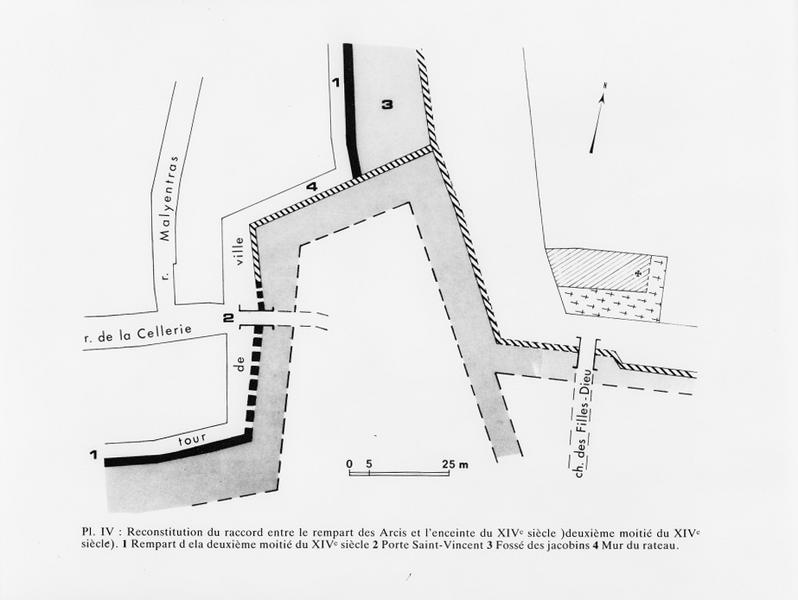 Reconstitution du raccord entre le rempart des Arcis et l'enceinte du XIVe siècle par Claire Mabire-Lacaille.