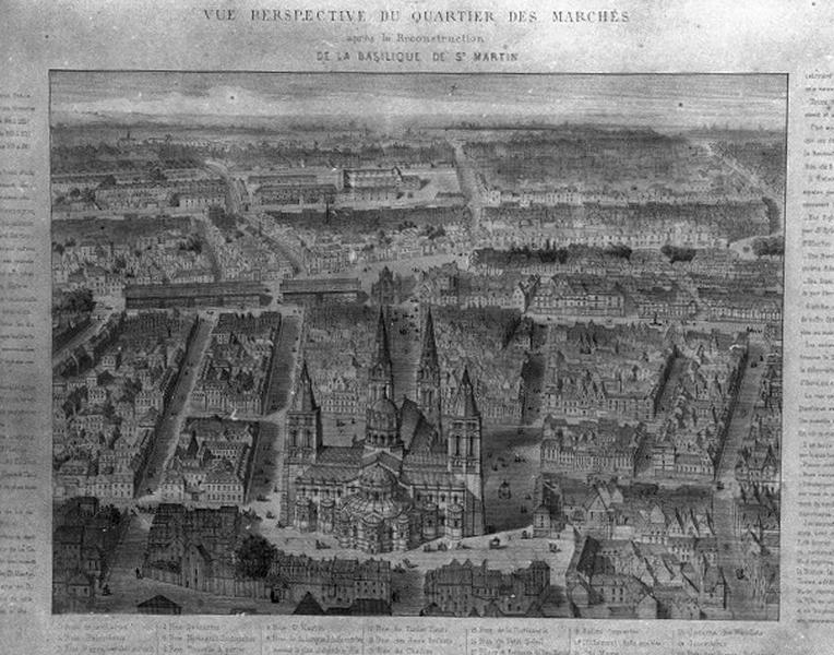 Vue du quartier de Châteauneuf avec projet de reconstruction de la basilique Saint-Martin à l'identique par Alphonse Baillarge.